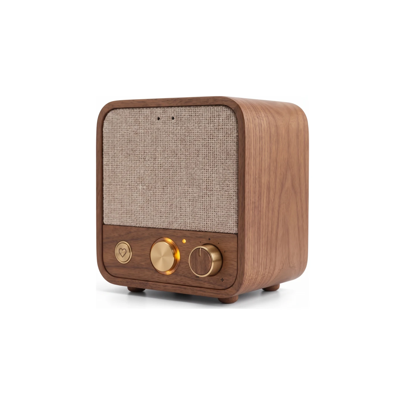Roomie turned to the right, showing the depth of the walnut cabinet and its rounded corners.