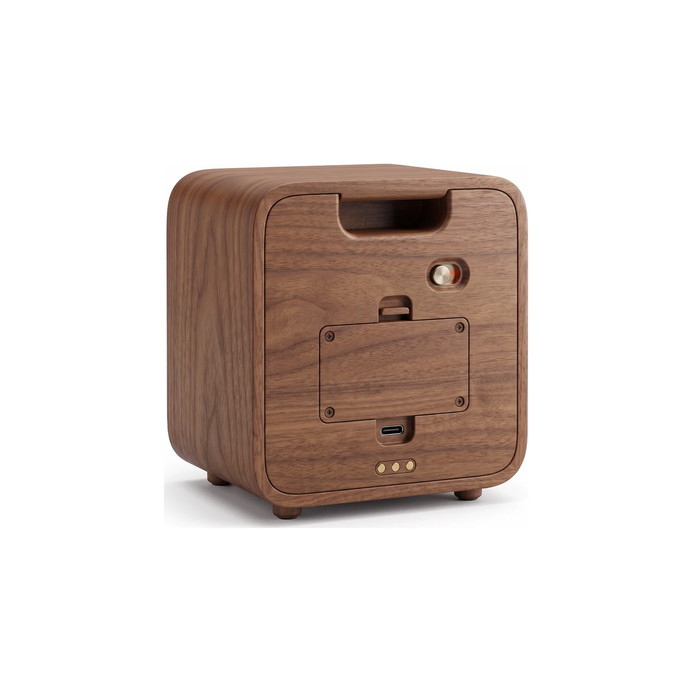 The back of Roomie: a carry recess along the top, the metal power switch, a service plate and a USB-C socket.