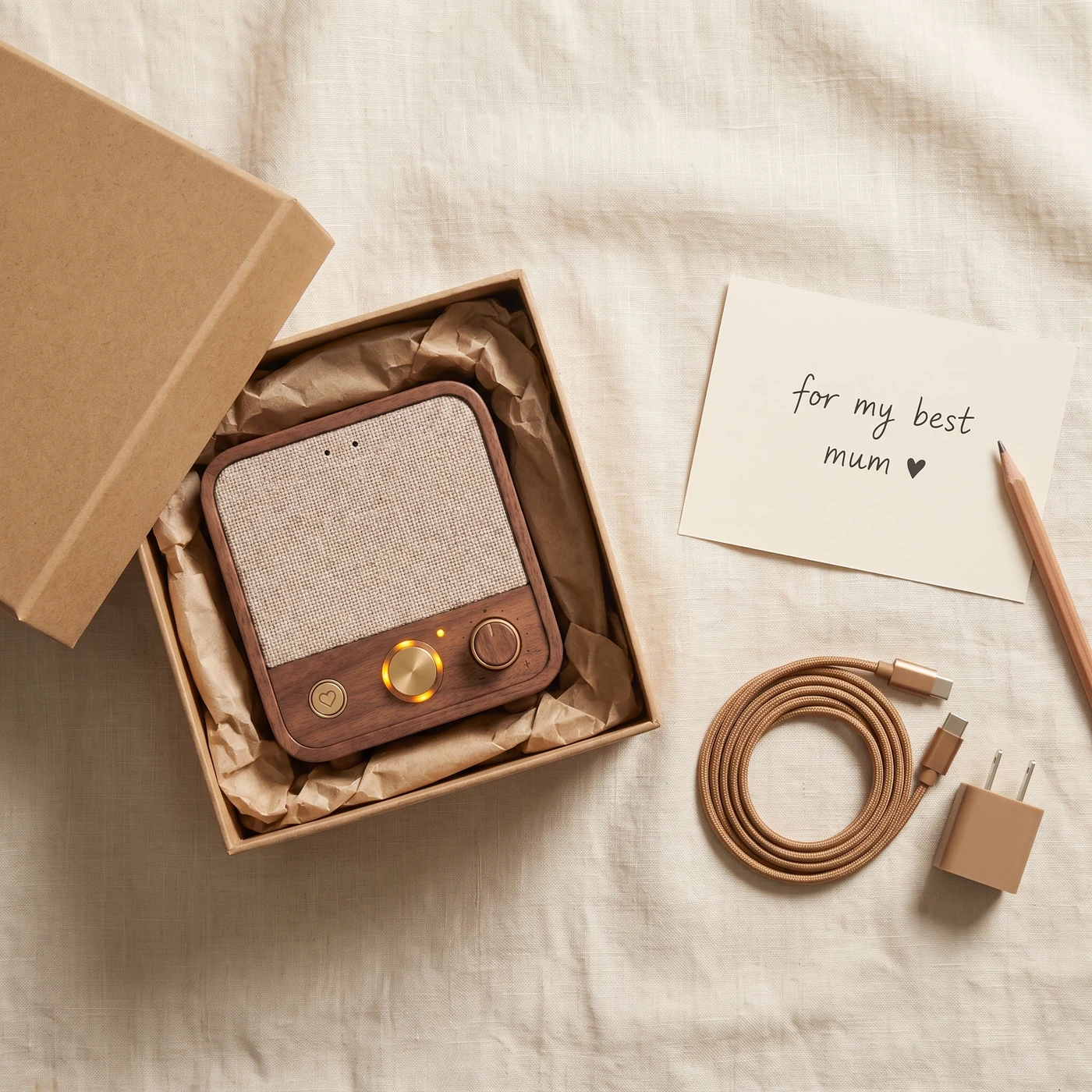 Roomie in its open kraft gift box on linen, beside the lid, a braided cable, a plug and a handwritten card reading “for my best mum”.