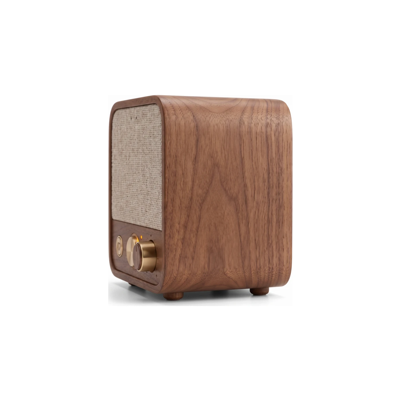 Roomie from the side, showing the full book-matched walnut panel and the small turned feet.